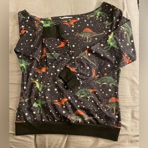 Dressfo Black Allover Print Dinosaur and Star Off Shoulder Sweatshirt Sz XL